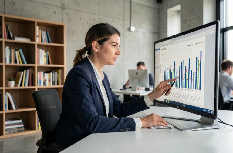 Femme professionnelle analysant des ressources en ligne pour développer son business sur un écran d'ordinateur dans un bureau moderne