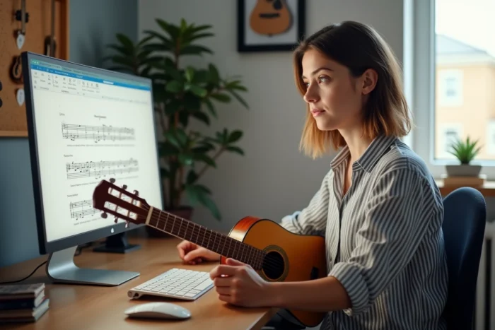 Femme guitariste cherchant des partitions gratuites pour guitare sur un site web depuis son bureau à domicile