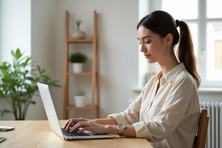 Femme consultant une liste de pages d'un site immobilier sur un ordinateur portable dans un bureau moderne