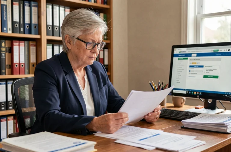 Femme de plus de 55 ans consultant ses droits CPF à la retraite dans un bureau à domicile