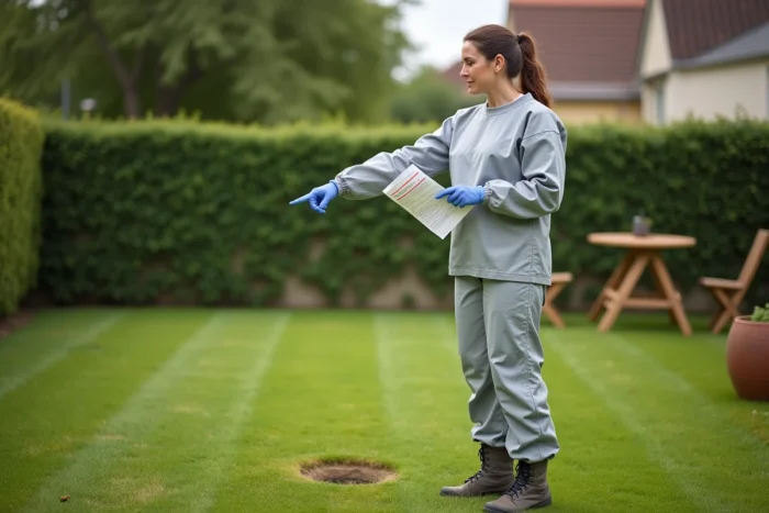 Femme indiquant l'emplacement d'un nid de guêpes dans son jardin résidentiel avec une fiche d'information