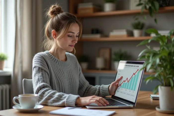 Femme consultant une comparaison de taux de crédit immobilier sur 25 ans depuis son bureau à domicile