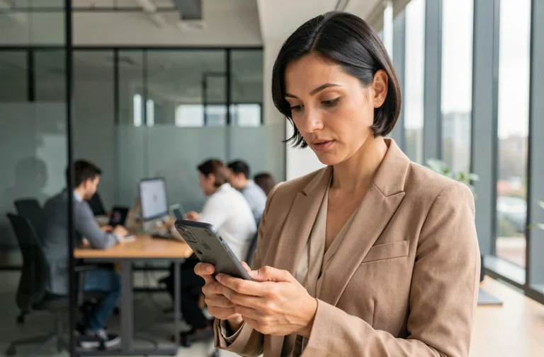 Femme professionnelle tenant un smartphone dernier cri dans un espace de travail moderne, explorant les nouvelles fonctionnalités de l'appareil