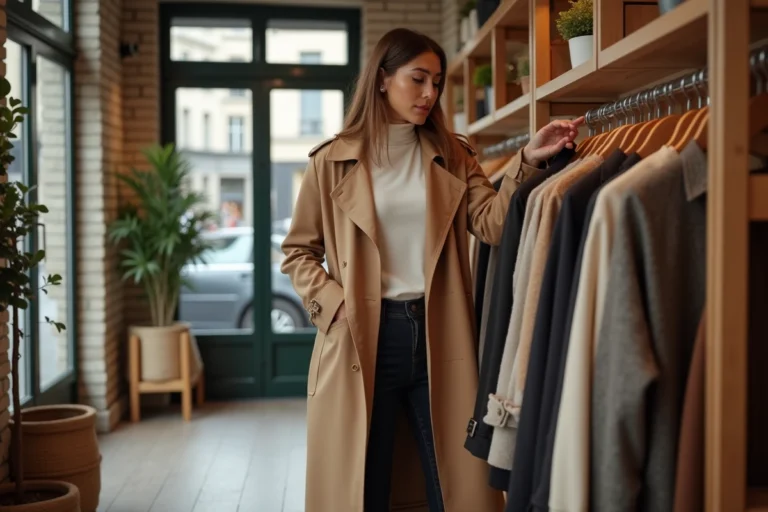 Femme élégante en trench-coat camel feuilletant des vêtements tendance dans une boutique de mode parisienne