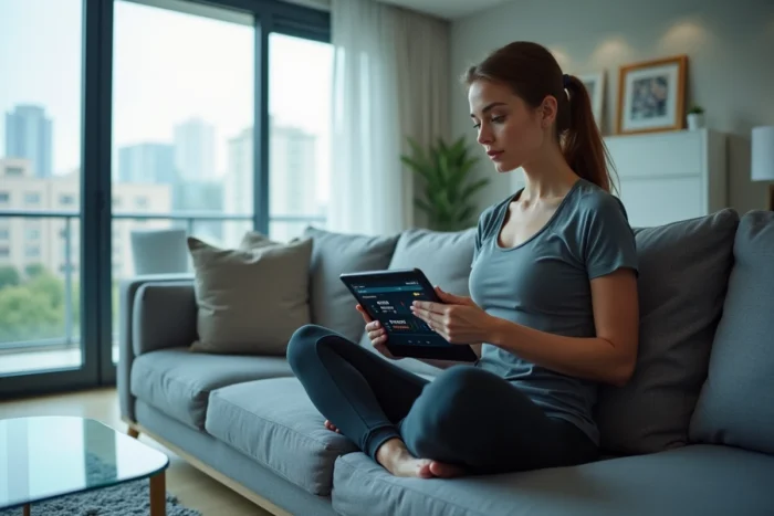 Femme sportive parcourant les tendances du sport sur une tablette numérique dans un salon moderne
