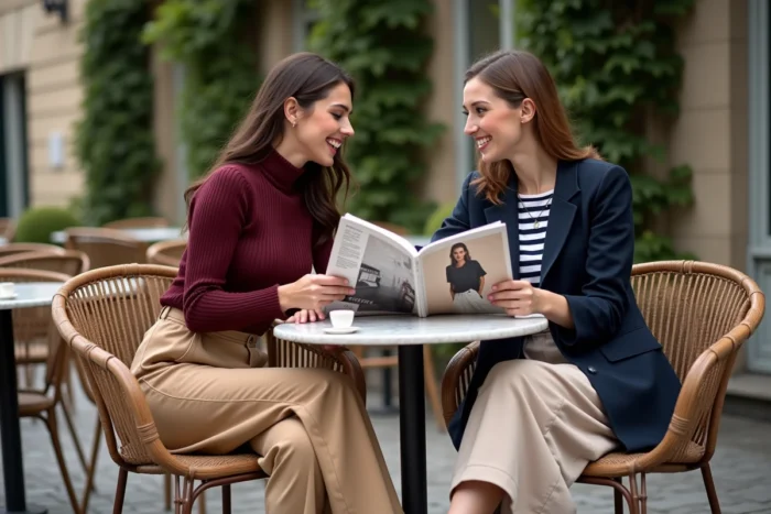 Deux femmes élégantes discutant des tendances mode autour d'un magazine dans un café parisien en terrasse
