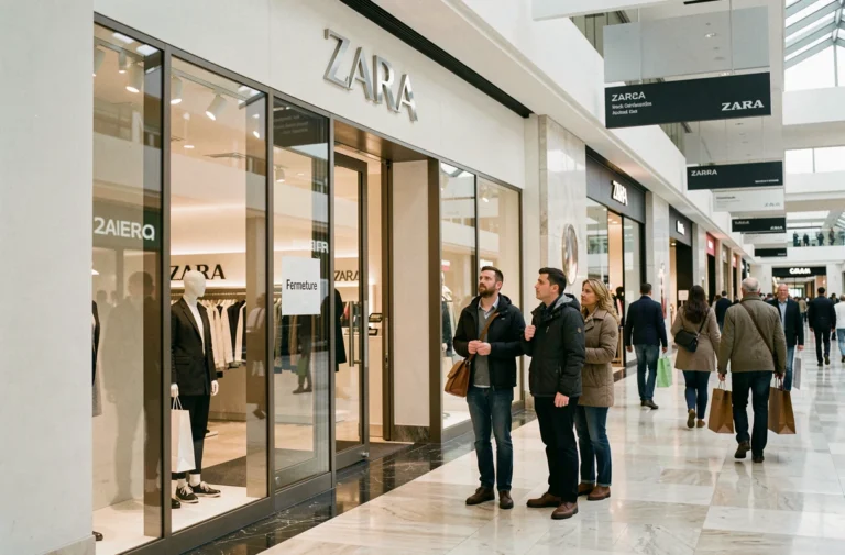 Vitrine d'un magasin Zara fermé dans un centre commercial avec une affiche de fermeture sur la porte en verre