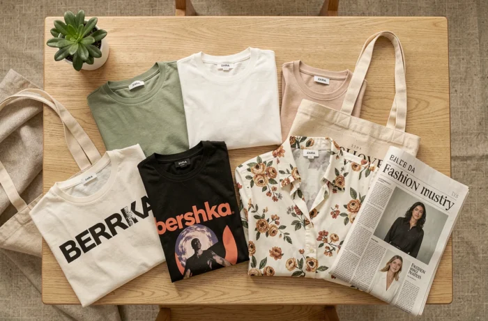 Plat posé éditorial de vêtements fast fashion de Zara, Bershka et Stradivarius avec un journal mode sur une table en bois clair