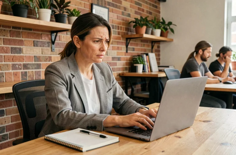 Femme adulte se formant dans un espace de coworking moderne avec ordinateur portable et carnet de notes