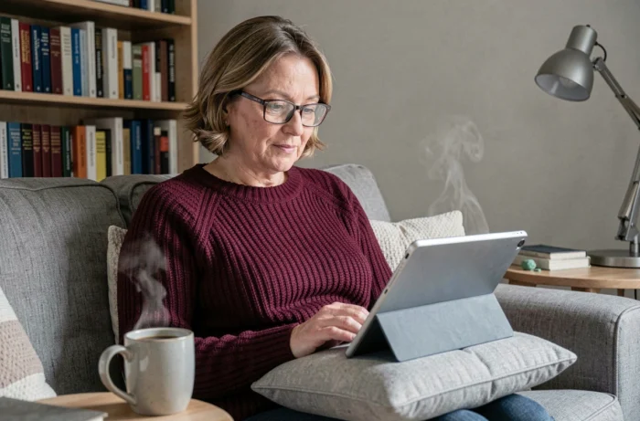 Femme d'âge mûr suivant une formation en ligne depuis son bureau à domicile avec tablette et café
