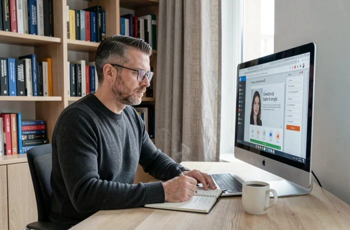 Professionnel suivant une formation en ligne depuis son bureau à domicile pour développer ses compétences