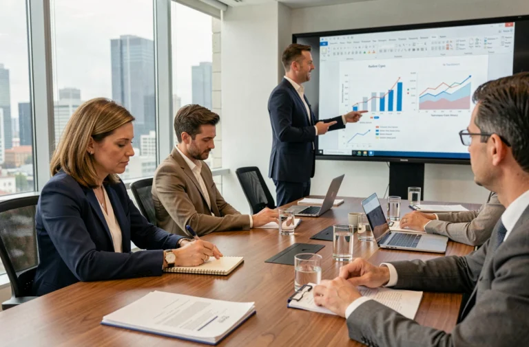 Séance de formation professionnelle en entreprise avec une formatrice présentant des diagrammes à des salariés attentifs autour d'une table de réunion