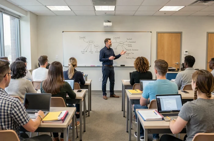 Homme adulte participant à une session de formation professionnelle en salle de classe avec d'autres apprenants