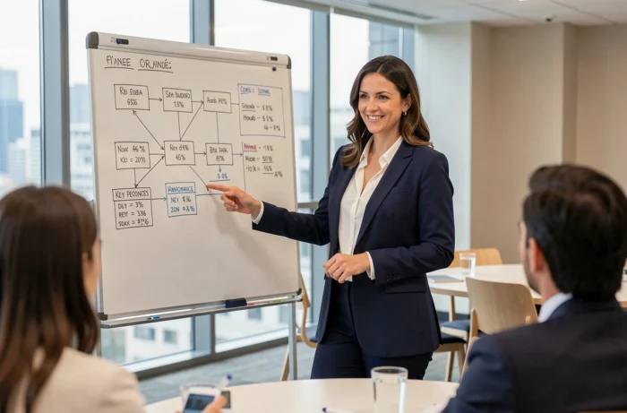 Formatrice professionnelle animant une session de formation en entreprise dans une salle de réunion moderne
