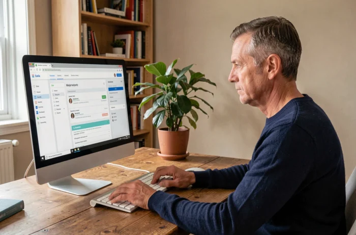Homme gérant son compte en ligne depuis un bureau à domicile avec un ordinateur de bureau