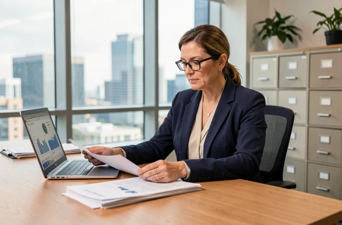Cheffe d'entreprise analysant des documents et tableaux de bord dans un bureau moderne pour optimiser la gestion de son activité