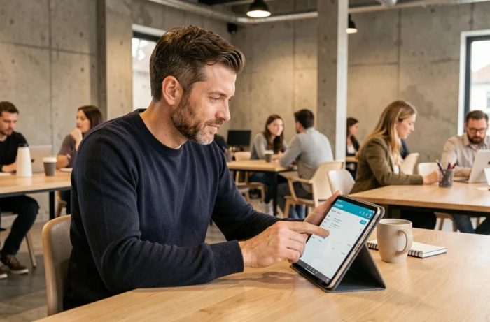 Homme gérant ses services en ligne sur une tablette dans un espace de coworking contemporain