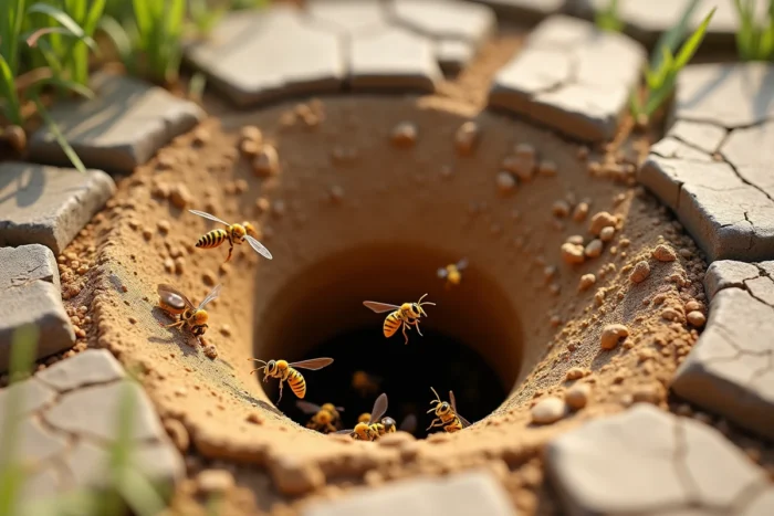 Gros plan sur l'entrée d'un nid de guêpes souterraines dans un sol sec de jardin