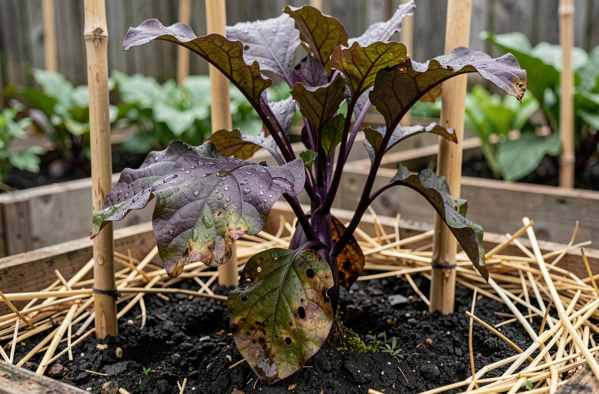 Gros plan sur des feuilles d'aubergines endommagées par un excès d'humidité avec des gouttes de pluie visibles