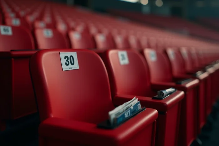 Gros plan sur un siège numéroté en plastique rouge dans les tribunes de la Bercy Arena avec numéro de rangée visible