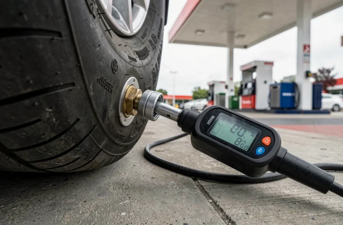 Gros plan sur la valve d'un pneu de Toyota Yaris hybride connectée à un gonfleur numérique affichant la pression en PSI dans une station-service
