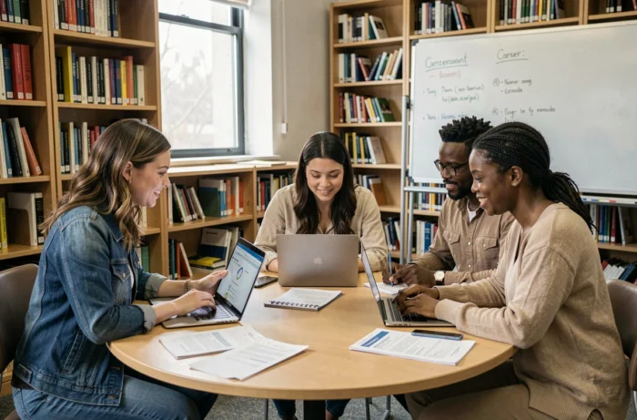 Groupe de professionnels en formation collaborative autour d'ordinateurs portables dans une bibliothèque universitaire