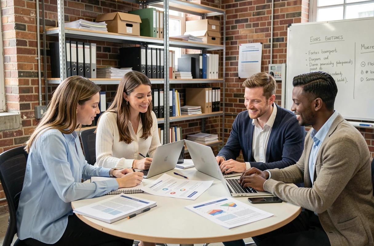 Groupe de salariés participant à un atelier de formation professionnelle obligatoire autour d'une table avec des supports pédagogiques imprimés