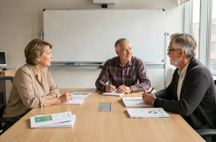 Groupe de seniors en atelier de formation professionnelle dans un centre de formation après 55 ans
