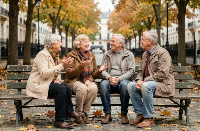 Groupe de seniors réunis dans un parc en automne, partageant un moment convivial et illustrant les nouvelles amitiés après 60 ans