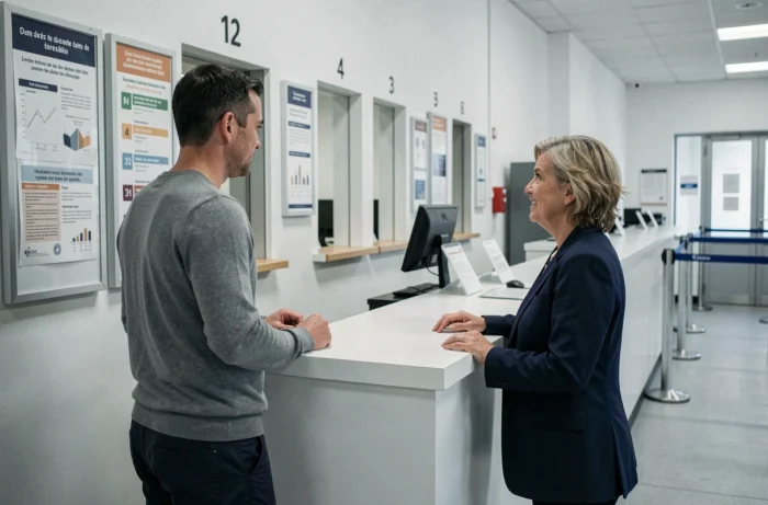 Homme prenant rendez-vous en personne au guichet d'un centre des impôts