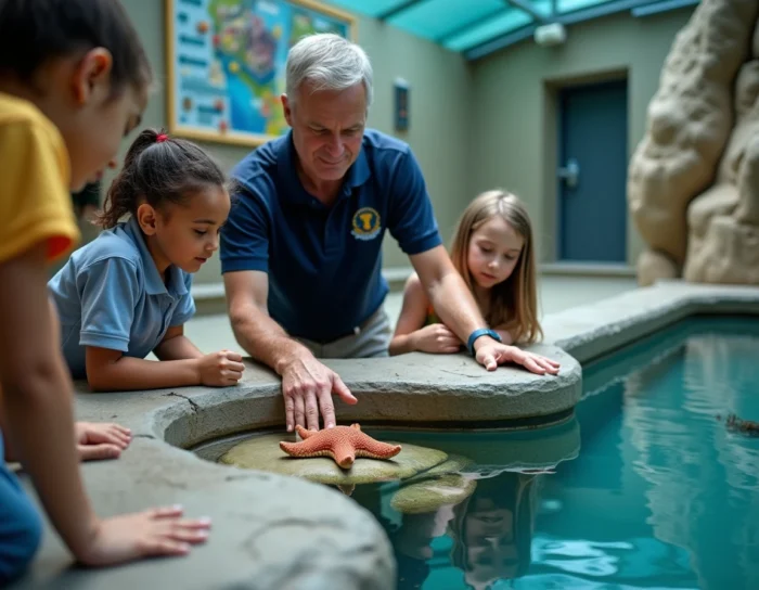 Guide aquarium La Ciotat présentant un bassin tactile étoile de mer à des enfants curieux