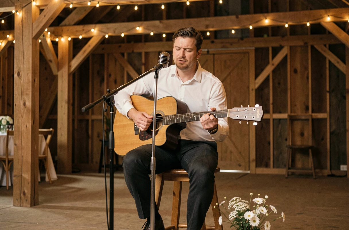 Un musicien jouant Hallelujah à la guitare acoustique dans une grange de mariage décorée de guirlandes lumineuses