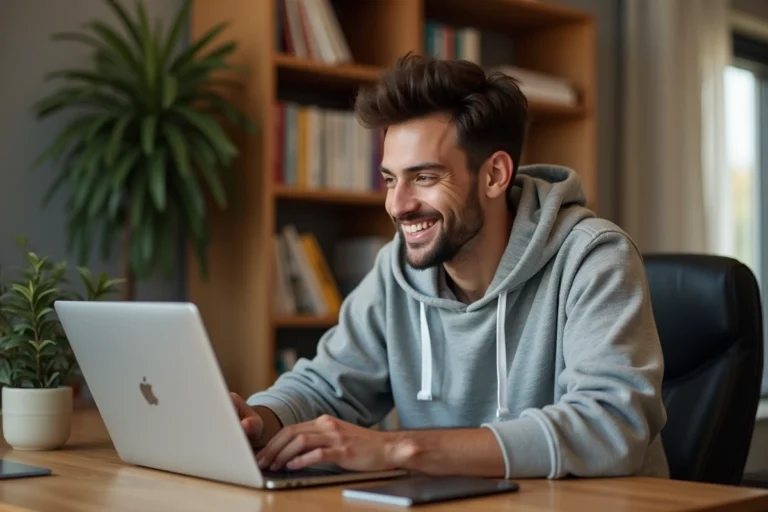 Jeune homme consultant les dernières actualités sportives sur une plateforme en ligne depuis son bureau à domicile
