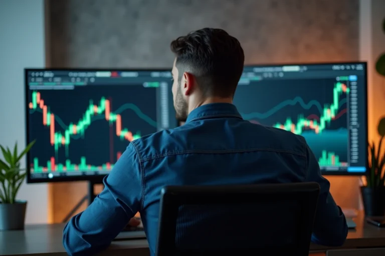 Homme analysant des graphiques de cryptomonnaies sur plusieurs écrans dans un bureau moderne en 2024