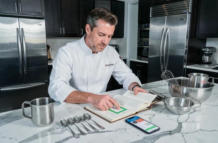 Homme consultant une application de conversion de mesures culinaires sur smartphone avec des ustensiles de cuisine en marbre