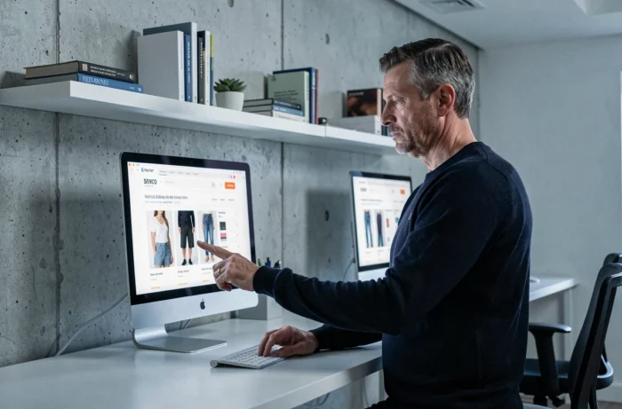 Homme comparant des boutiques en ligne fiables sur un écran d'ordinateur dans un bureau à domicile épuré