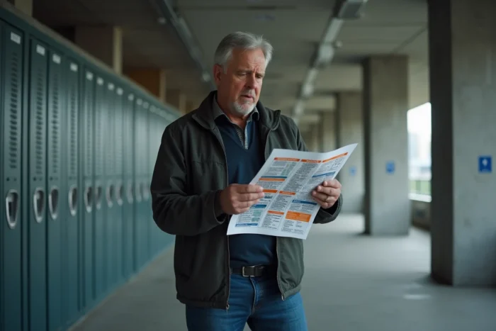 Un homme consulte un plan des places dans le couloir intérieur de la Bercy Arena avant de rejoindre son siège