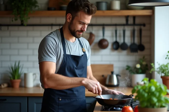 Homme en tablier de cuisine faisant revenir une sauce dans une poêle en fonte dans une cuisine moderne et accueillante