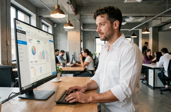 Homme consultant une plateforme d'emploi en ligne dans un espace de coworking moderne