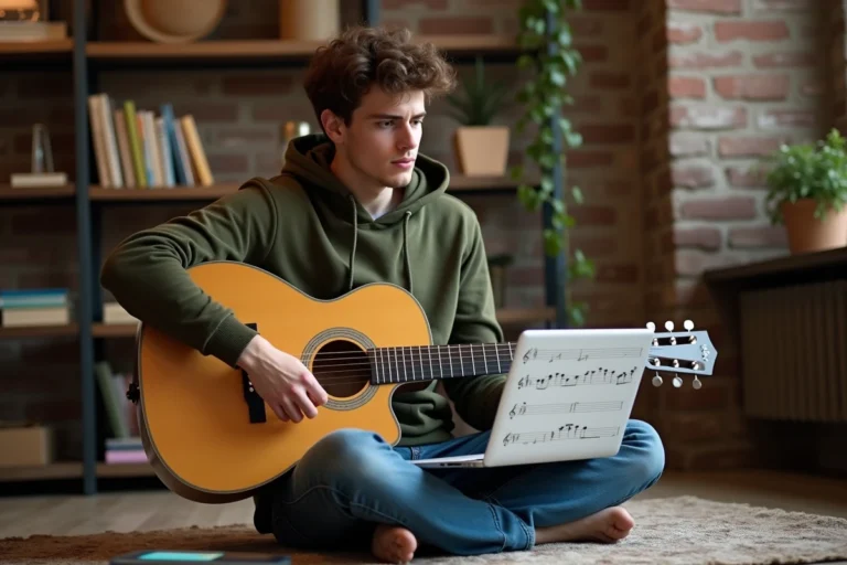 Jeune homme jouant de la guitare acoustique en consultant des partitions gratuites sur un ordinateur portable