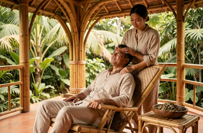 Homme recevant un massage des épaules dans un pavillon de bien-être en plein air entouré de végétation tropicale