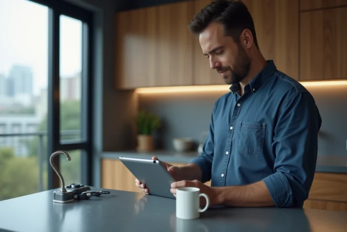 Homme parcourant la navigation d'un site immobilier sur une tablette dans une cuisine moderne