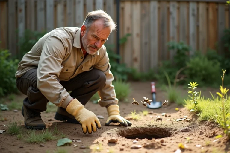 Homme en tenue de jardinage observant prudemment un nid de guêpes souterraines dans son jardin