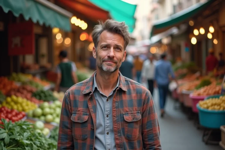Homme perplexe dans un marché urbain illustrant l'usage courant d'un mot familier insolite
