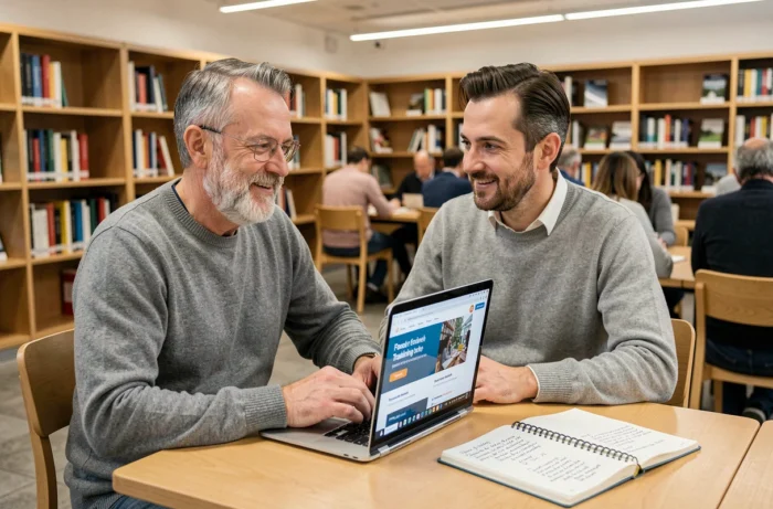 Homme senior en formation professionnelle à la bibliothèque consultant son compte CPF en ligne