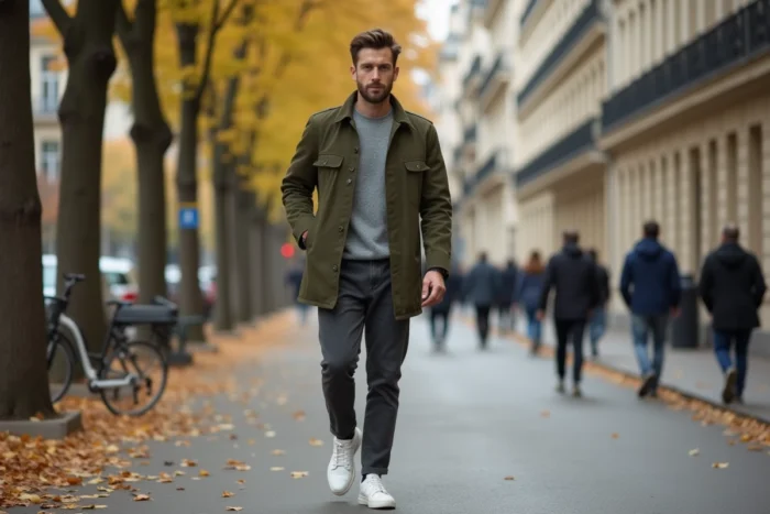 Homme stylé en manteau chore coat olive marchant dans une rue parisienne aux couleurs d'automne