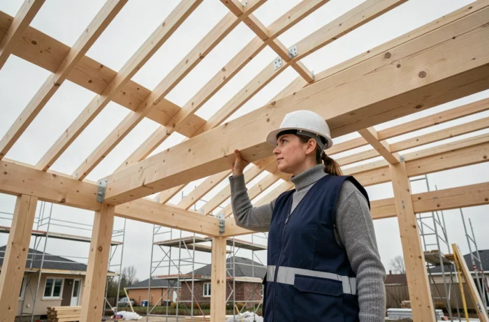 Ingénieure structure inspectant une poutre en bois de 6 mètres de portée sur un chantier de construction