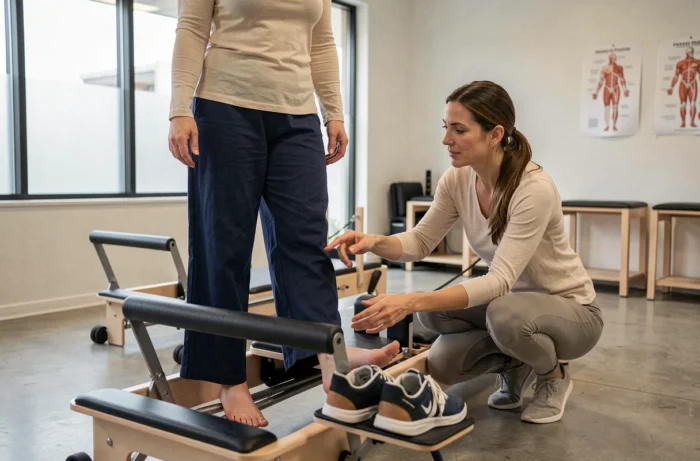 Instructrice de Pilates conseillant une cliente sur le choix des chaussures adaptées lors d'une session sur reformer