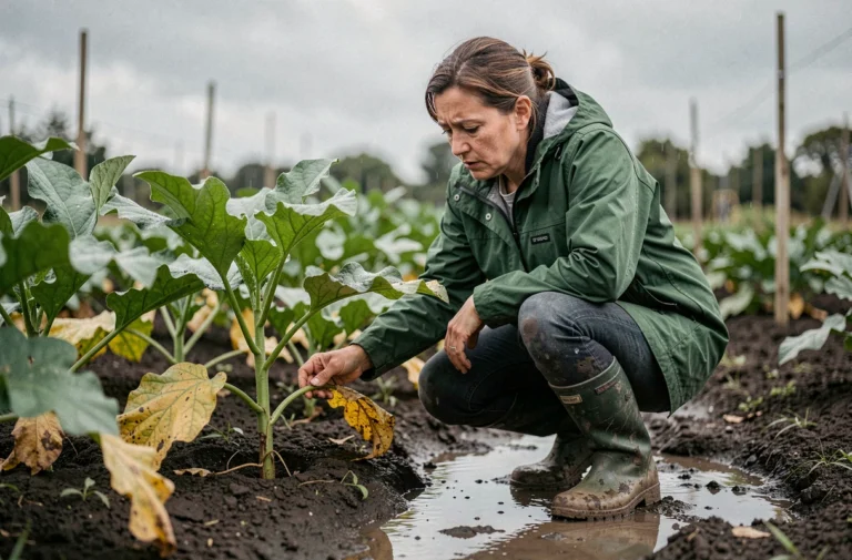 Jardinière inspectant des plants d'aubergines gorgés d'eau après une pluie abondante dans un potager