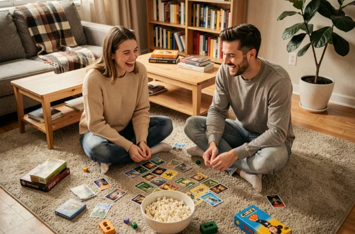 Deux amis jouant à un jeu de société dans un salon cosy, idée de loisir convivial pour passer du bon temps
